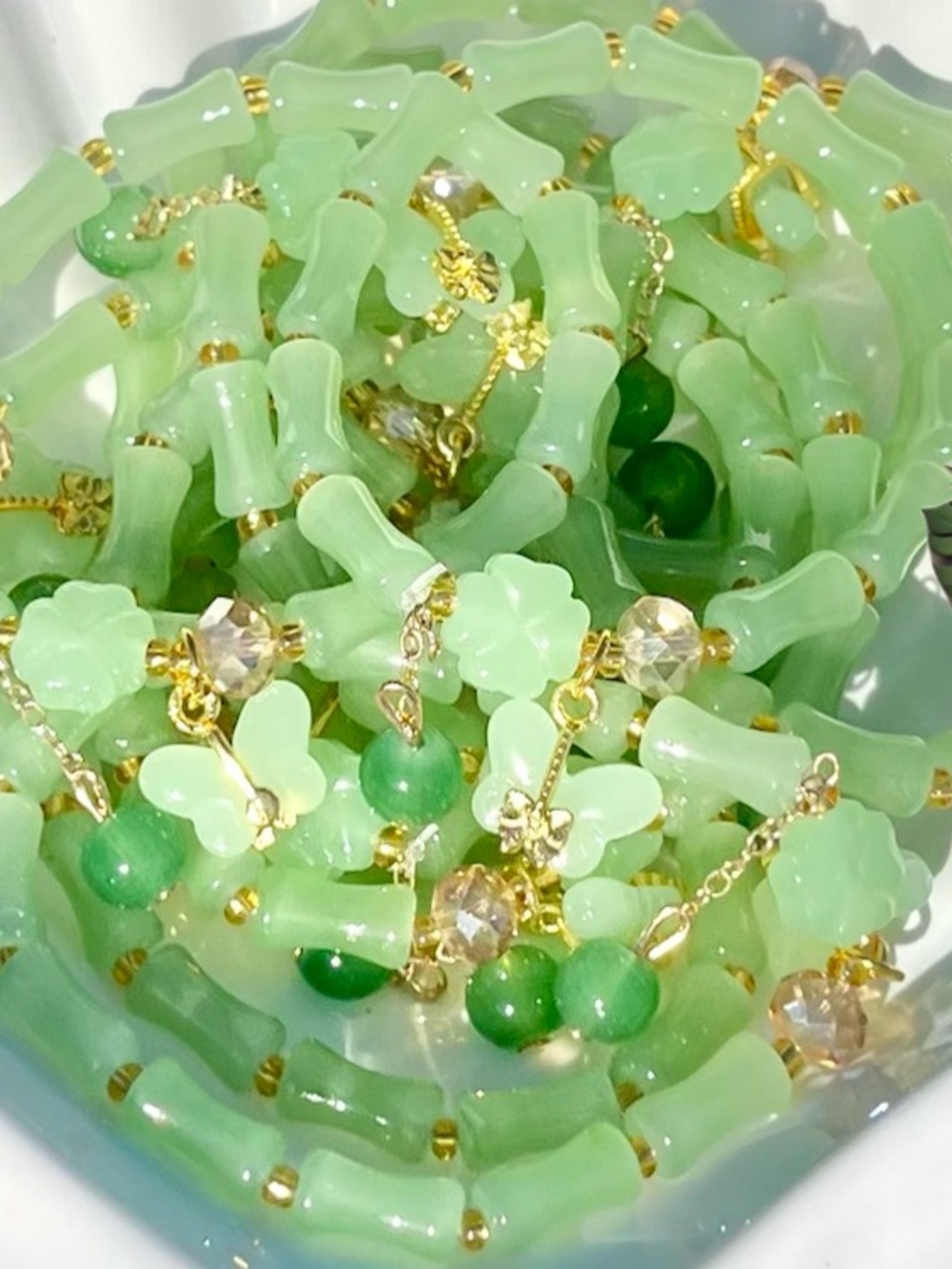 Bamboo Glass Beaded Bracelet With Butterfly & Clover Charm NWOT